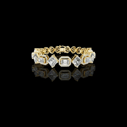 12.04 TCW Unique Geometric Emerald Moissanite Diamond Bracelet with Alternating Halo and Open Gallery Design