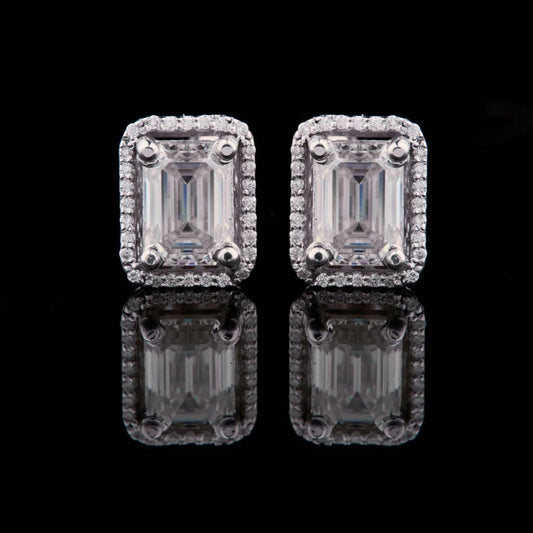 1.96 CT Luxurious Emerald Cut Moissanite Diamond Halo Stud Earring in White Gold by Ivevar Luxury