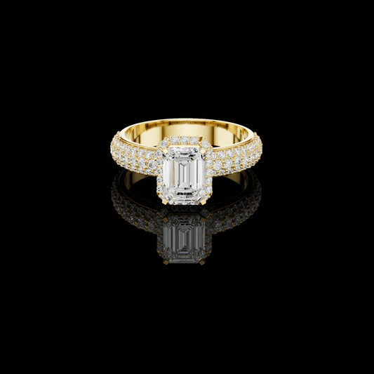 Emerald Cut Hidden Halo Lab Grown Diamond Ring with Wide Pave Band
