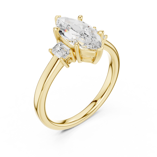 Marquise Engagement Three Stone Ring with Lab Diamond Emerald Side Stone