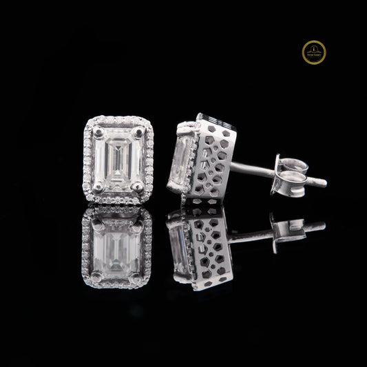 Luxurious Emerald Cut Lab Diamond Halo Stud Earring in White Gold