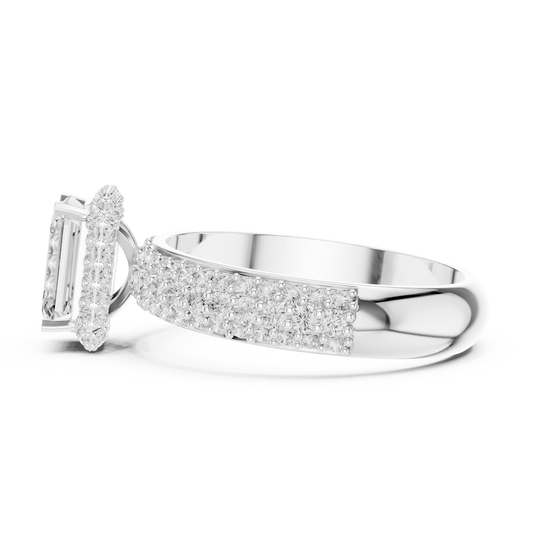 Emerald Cut Hidden Halo Moissanite Diamond Ring with Wide Pave Band