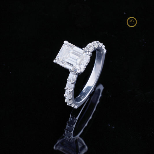 Pave Emerald Lab Diamond Anniversary Ring With Hidden Halo Band