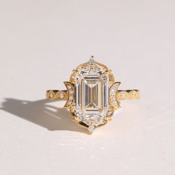 3.01 CT Vintage Filigree Band with Emerald Cut Moissanite Diamond Ring & Sculpted Side Accents