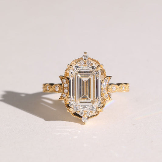 3.01 CT Vintage Filigree Band with Emerald Cut Moissanite Diamond Ring & Sculpted Side Accents