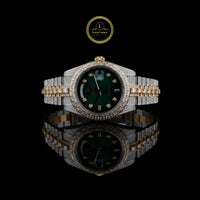 Full Iced Out Diamond Day-Date Watch with Green Dial & Baguette Diamond Bezel