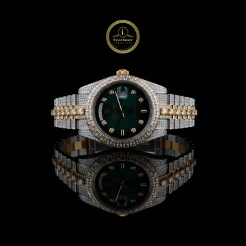 Full Iced Out Diamond Day-Date Watch with Green Dial & Baguette Diamond Bezel