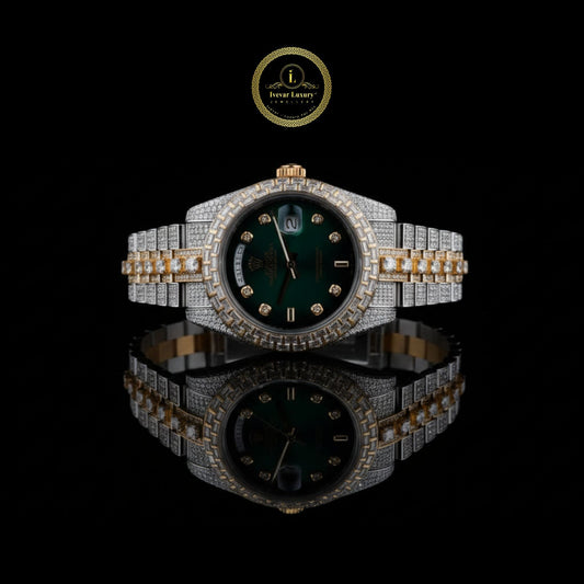 Full Iced Out Diamond Day-Date Watch with Green Dial & Baguette Diamond Bezel