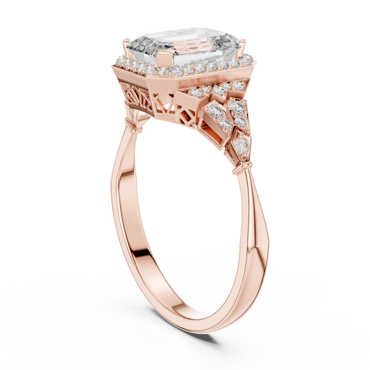 Emerald Cut Lab Diamond Halo Engagement Ring With Filigree