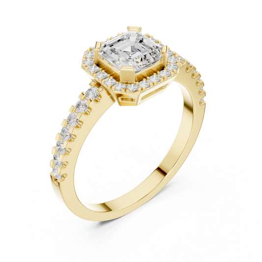 0.77 CT Emerald Cut Center Stone Surrounded by a Sparkling Halo and Moissanite Diamond Set Band