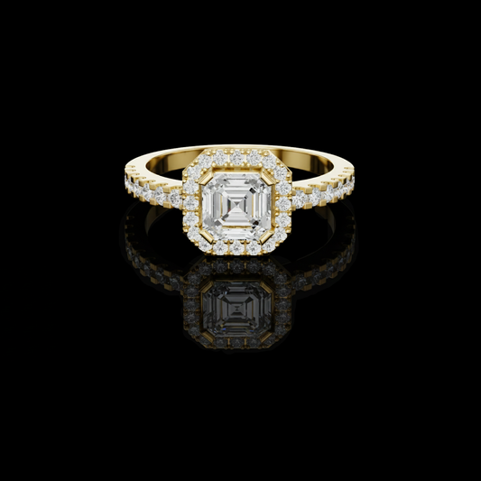 0.77 CT Emerald Cut Center Stone Surrounded by a Sparkling Halo and Lab Grown Diamond Set Band