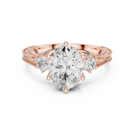 Vintage Engraved Oval Cut Moissanite Diamond Ring with Round Side Stones