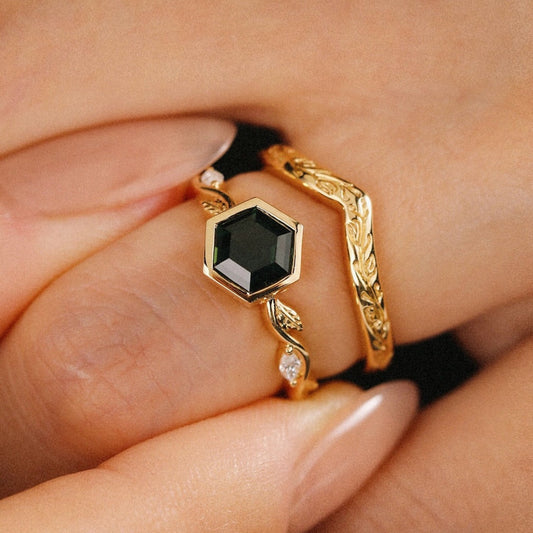 1.45 CT Vintage Inspired Moissanite Hexagon Cut Green Diamond Ring with Hand Engraved Band