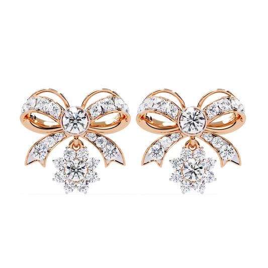 Unique Lab Grown Round Diamond Bow Drop Earrings with Dazzling Pave Detailing and Sparkling Floral Charm
