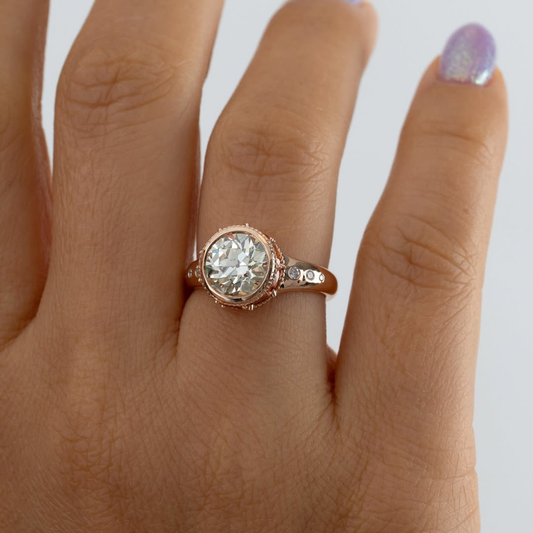 1.25 CT Shiny Bezel Set European Cut Moissanite Diamond with Cognac Marquise Accents Ring Milgrain Detailing Jewelry