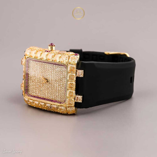 Yellow Gold Rectangular Watch with Baguette Cut Diamond Bezel & Pave Dial