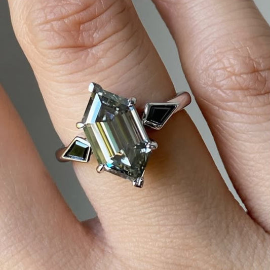 Antique Cut Geometric Ring With Lab Grown Kite Side Stones