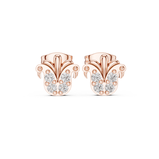 Regal Quartet Round Moissanite Diamond Stud Earrings with Sculpted Crest Design