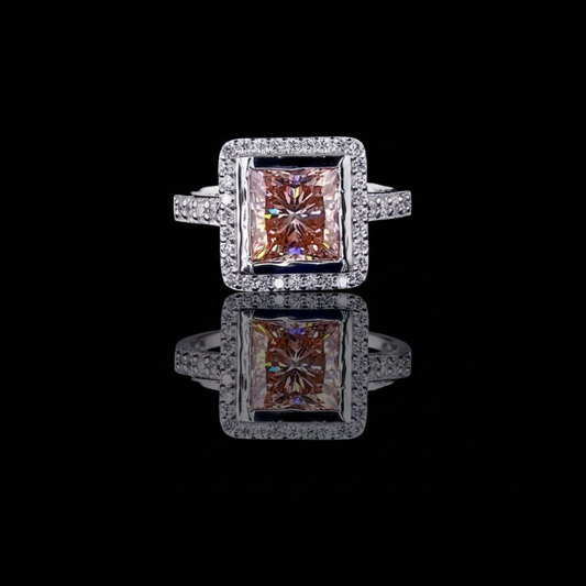 Fancy Vivid Brown Princess Lab Diamond Ring Halo Pave Band