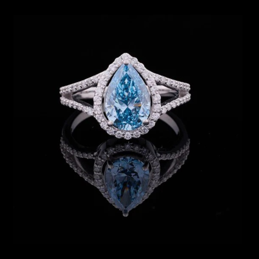 2.00 CT Gorgeous Fancy Vivid Blue Lab Grown Pear Cut Ring with Halo Diamond Accents & Elegant Split Shank Band