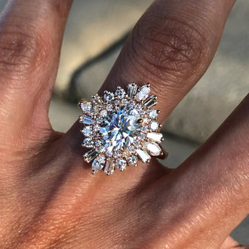 Round Brilliant Moissanite Diamond Sunburst Cluster Ring
