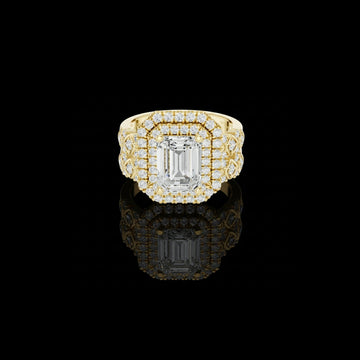 Emerald Cut Moissanite Diamond Halo Ring with Double Pave Setting