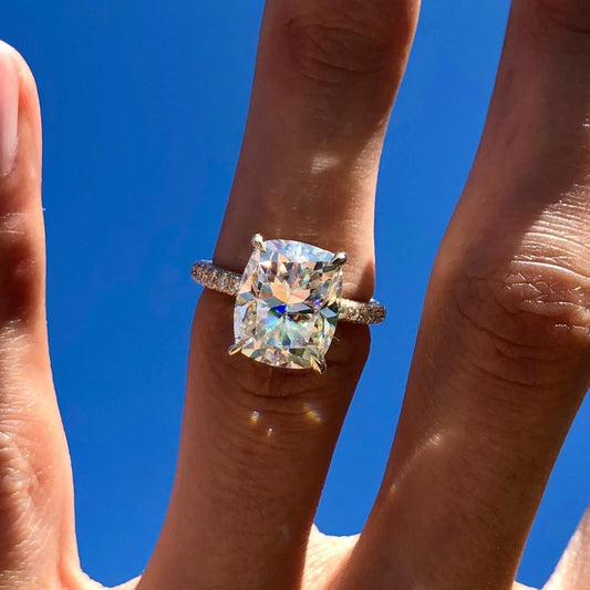 Cushion Cut Lab Grown Diamond Hidden Halo Pave Engagement Ring
