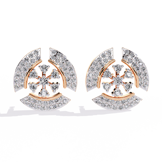 Crescent Round Lab Diamond Studs Accented With Multi Petal Floral Diamond Design