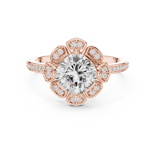 1.51 CT Floral Cushion Cut Moissanite Diamond Ring in Gold with Petal Style Halo and Pave Band