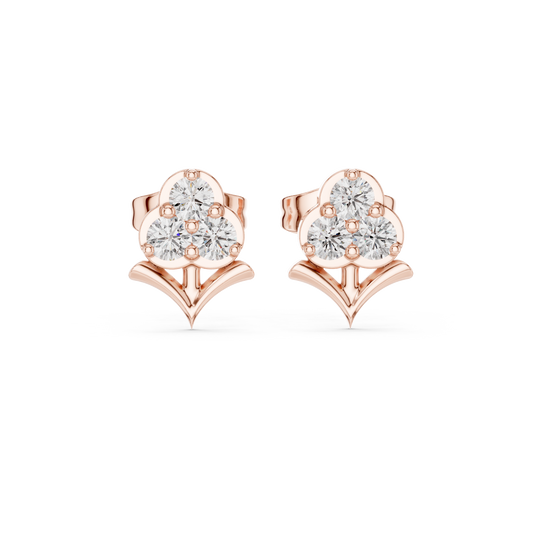 Stem Motif Floral Clover Round Triple Moissanite Diamond Cluster Earring