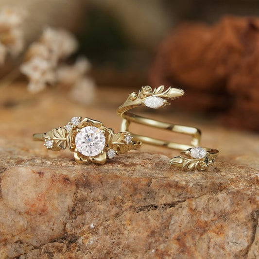 Round Cut Moissanite Diamond Leaf Bridal Ring Set
