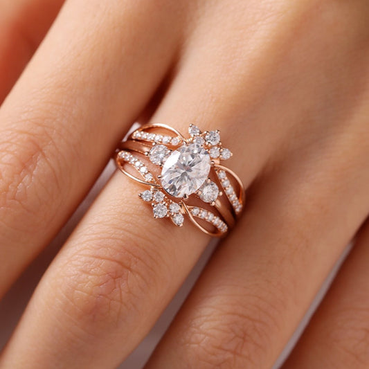 Lab Grown Oval Floral Bridal Ring Set With Side Twisted Band