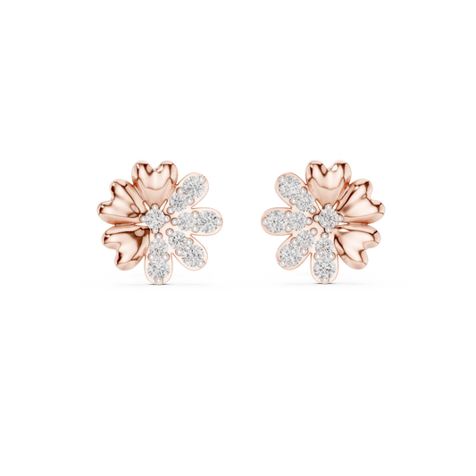Floral Blossom Round Lab Diamond Mixed Petal Stud Earrings