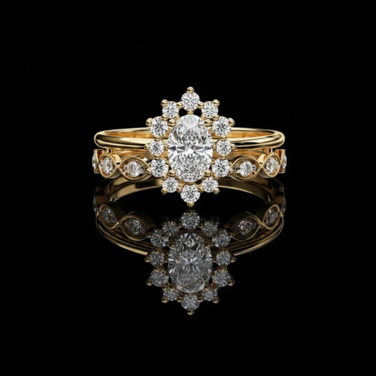 Lab Grown Diamond Oval Cut Floral Halo Ring With Double Band