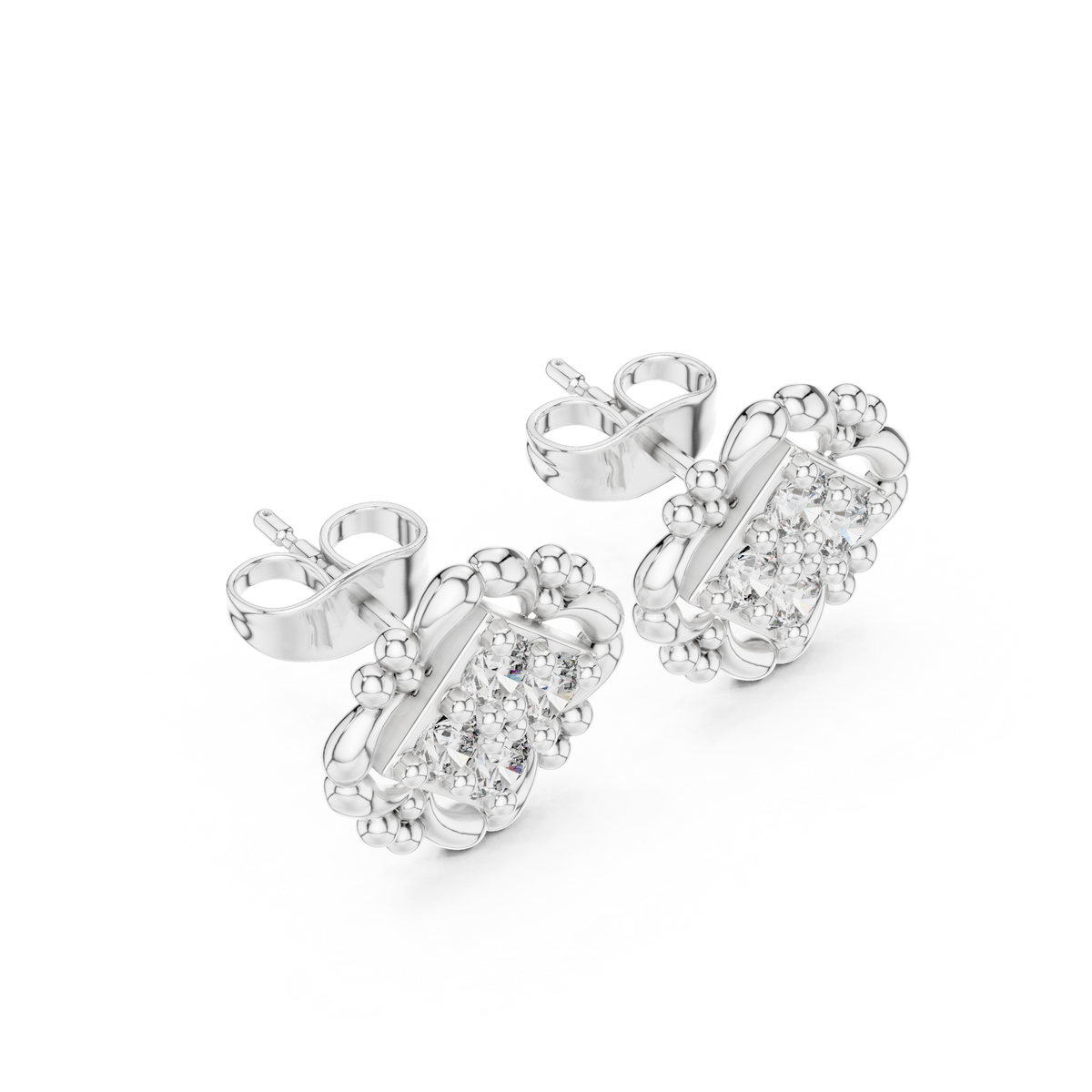 Sculpted Ornate Round Lab Diamond Stud Earrings with Floral Beaded Frame