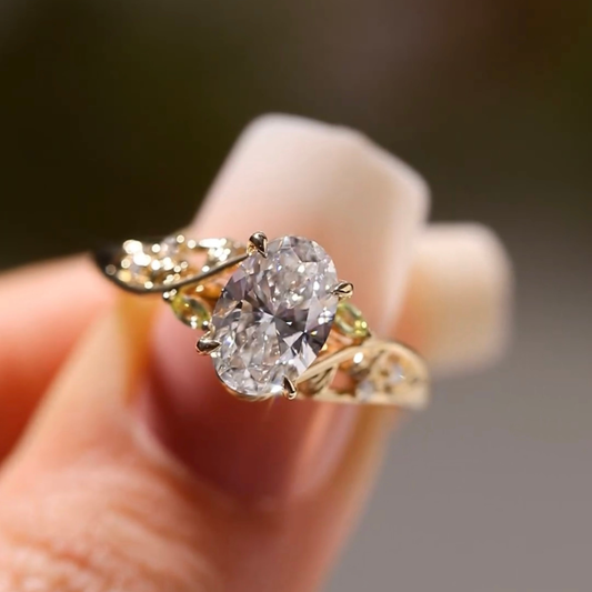 Nature Inspired Oval Lab Grown Diamond Solitaire Delicate Ring