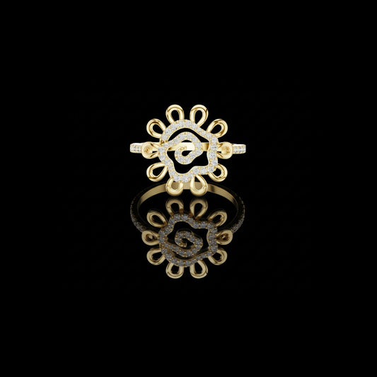 0.26 TCW Perfect Moissanite Round Cut Floral Diamond Ring with Open Petal Halo & Spiral Center