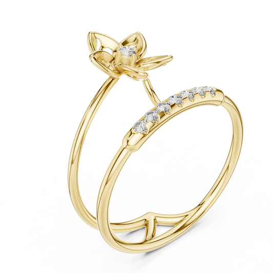 Dual Pave Band Flower Round Moissanite Diamond Ring