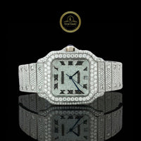 Full Iced Out White Gold Square Watch with Diamond Dial & Roman Numerals