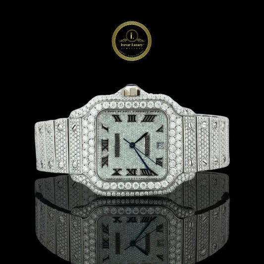 Full Iced Out White Gold Square Watch with Diamond Dial & Roman Numerals