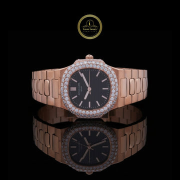 Round Cut Diamond Bezel Nautilus Style Watch with Integrated Link Band