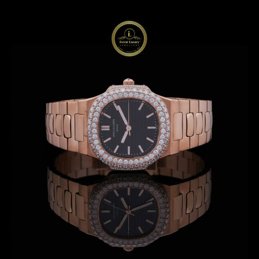 Round Cut Diamond Bezel Nautilus Style Watch with Integrated Link Band