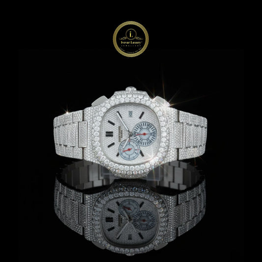Full Iced Out Diamond Chronograph Watch with Pave Dial & Diamond Band