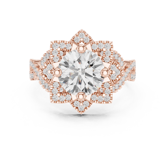 Round Floral Halo Moissanite Diamond Split Shank Engagement Ring