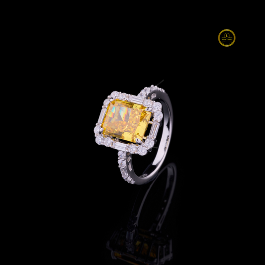Fancy Vivid Yellow Radiant Moissanite Diamond Ring Halo Set Pave Band