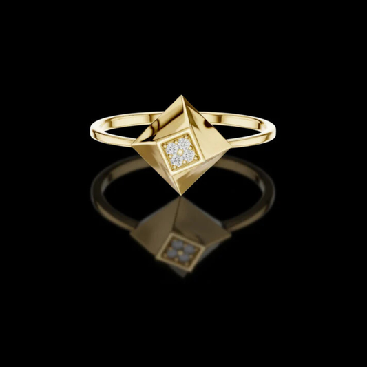 0.02 TCW Geometric Pyramid Gold Ring with Moissanite Diamond Pave Modern Luxe Statement Ring For Her