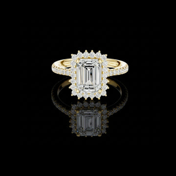 Emerald Cut Halo Moissanite Ring with Pave Band