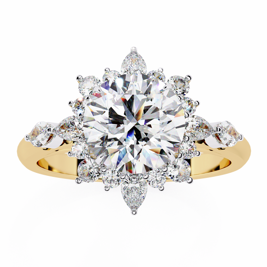 Round Sunburst Halo Moissanite Diamond Ring with Marquise Cut