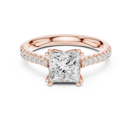 Princess Cut Moissanite Diamond Double Pave Solitaire Engagement Ring