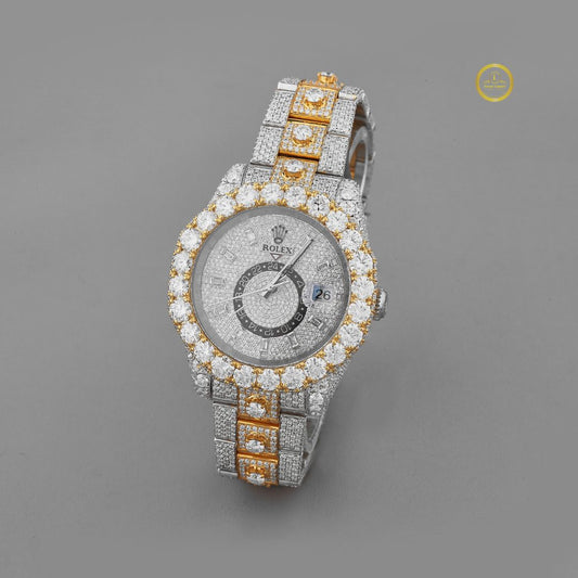 Full Iced Out Two-Tone Diamond Day-Date Watch with Pave Dial & Large Diamond Bezel